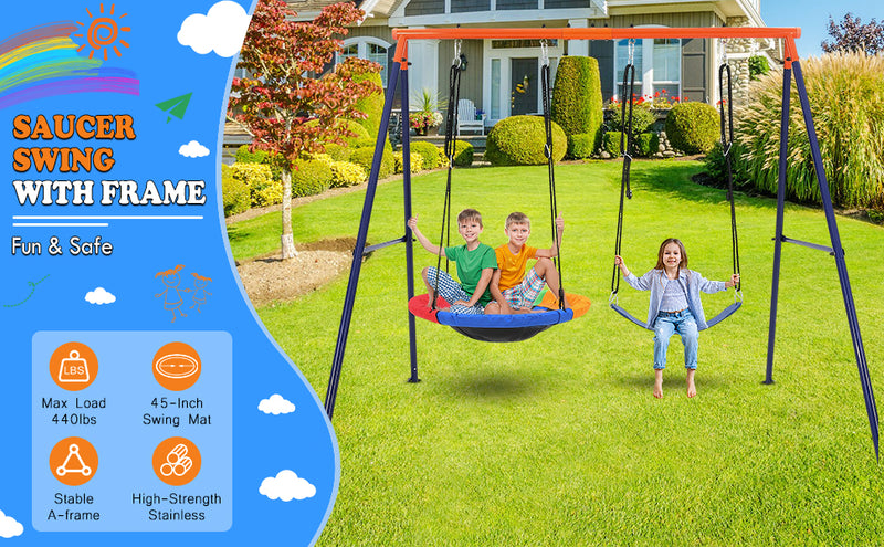 440lbs Saucer Swing Set with Heavy-Duty Metal A-Frame and Adjustable Ropes, Round Swing Sets for Backyard, Playground and Park