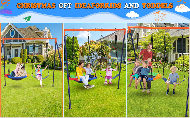 440lbs Saucer Swing Set with Heavy-Duty Metal A-Frame and Adjustable Ropes, Round Swing Sets for Backyard, Playground and Park