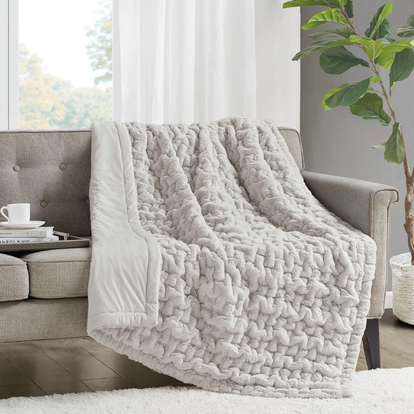 Ruched Fur Throw 50x60", Silver Grey