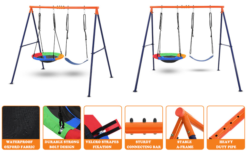 440lbs Saucer Swing Set with Heavy-Duty Metal A-Frame and Adjustable Ropes, Round Swing Sets for Backyard, Playground and Park