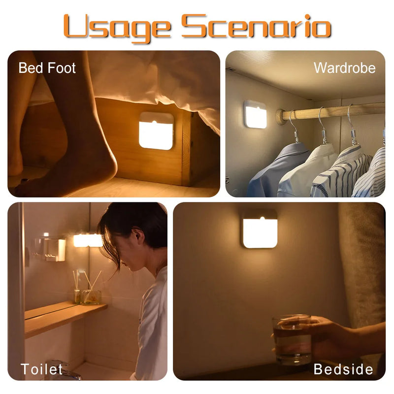 Motion Sensor Led Light Usb TYPE-C Charging Square Lamp for Bedroom Kitchen Stair Hallway Wardrobe Cupboard Lighting Night Light