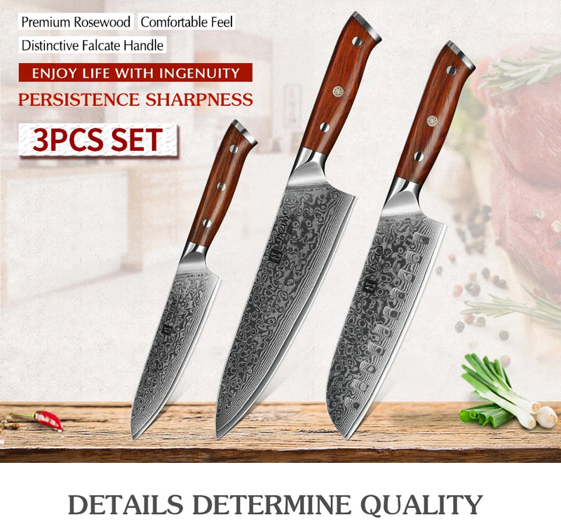 XINZUO 1PCS or 3PCS Kitchen Knife Sets Japanese Forged Damascus Steel Chef Santoku Knives Stainless Steel Rosewood Handle