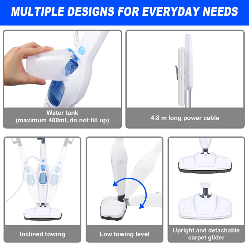 DayPlus Steam Mop & Detachable Steam Cleaner, 1500W Powerful Floor Steamer for Carpet Laminate Hardwood,2 Washable Pads, 400ml