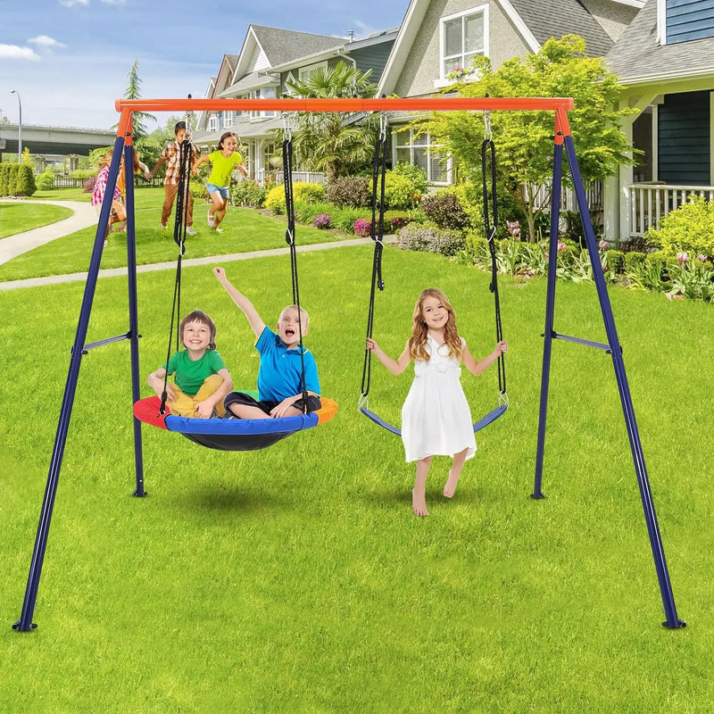 440lbs Saucer Swing Set with Heavy-Duty Metal A-Frame and Adjustable Ropes, Round Swing Sets for Backyard, Playground and Park