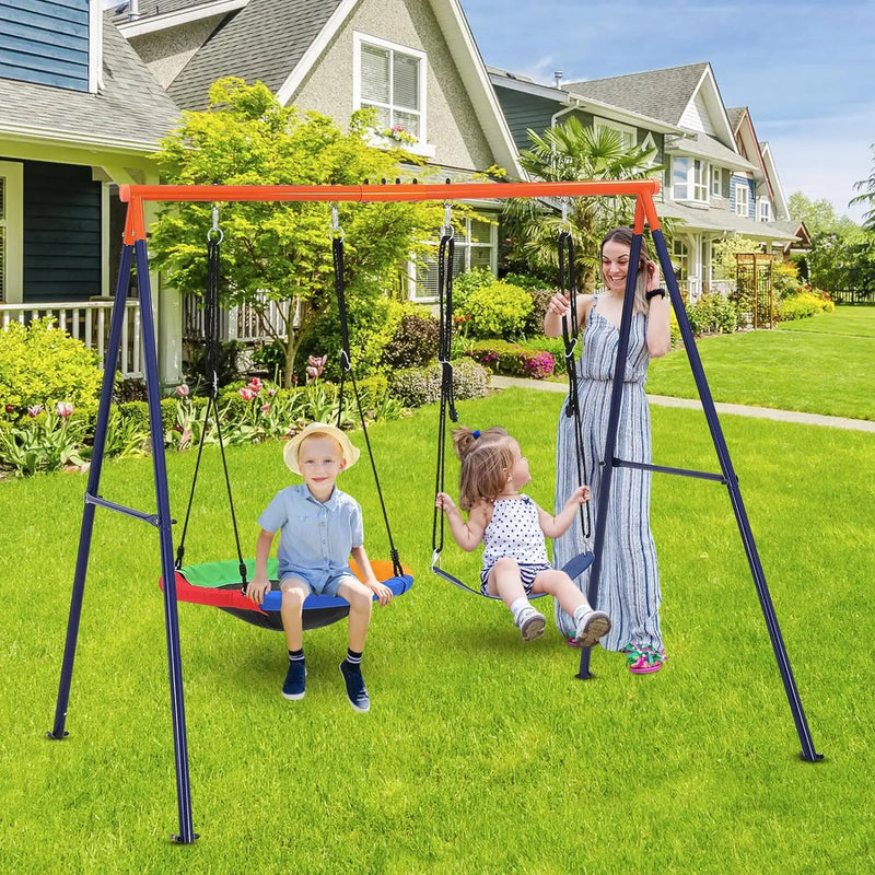 440lbs Saucer Swing Set with Heavy-Duty Metal A-Frame and Adjustable Ropes, Round Swing Sets for Backyard, Playground and Park