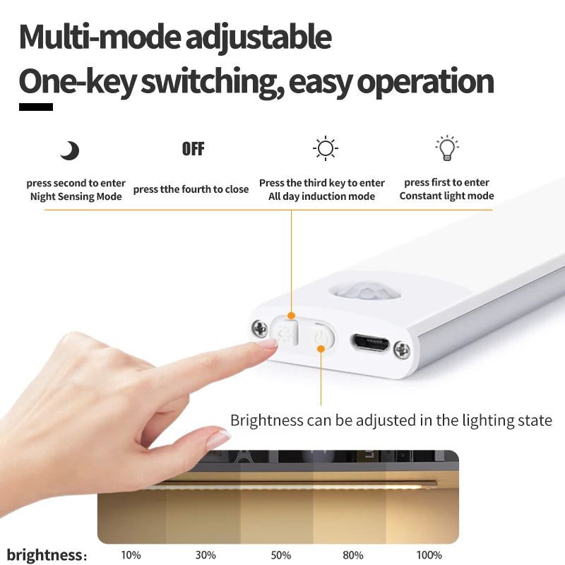 Cabinet Light USB Rechargeable Motion Sensor Led Three Colors In One Lamp For Kitchen Wardrobe Indoor Lighting 10/20/30/40/50cm