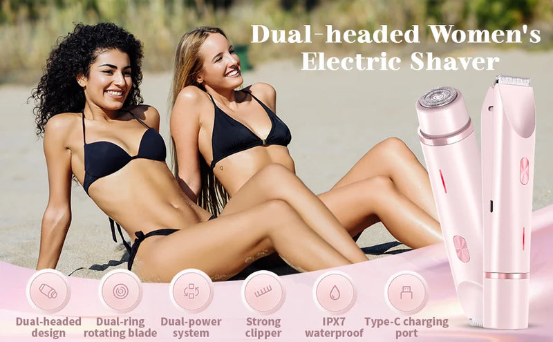 Electric Shaver for Women Waterproof Wet & Dry Hair Razors 2 in 1 Double Head Dual Bikini Hair Trimmer Detachable Head Shaver