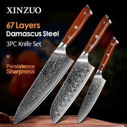 XINZUO 1PCS or 3PCS Kitchen Knife Sets Japanese Forged Damascus Steel Chef Santoku Knives Stainless Steel Rosewood Handle