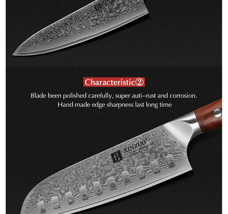 XINZUO 1PCS or 3PCS Kitchen Knife Sets Japanese Forged Damascus Steel Chef Santoku Knives Stainless Steel Rosewood Handle