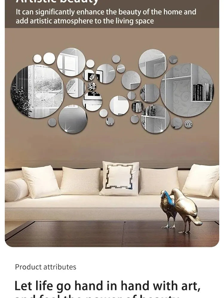 26 PCs 3D Acrylic Mirror Wall Sticker, round Mirror, DIY Bedroom, Bathroom and TV Background Room Sticker Wall Decoration