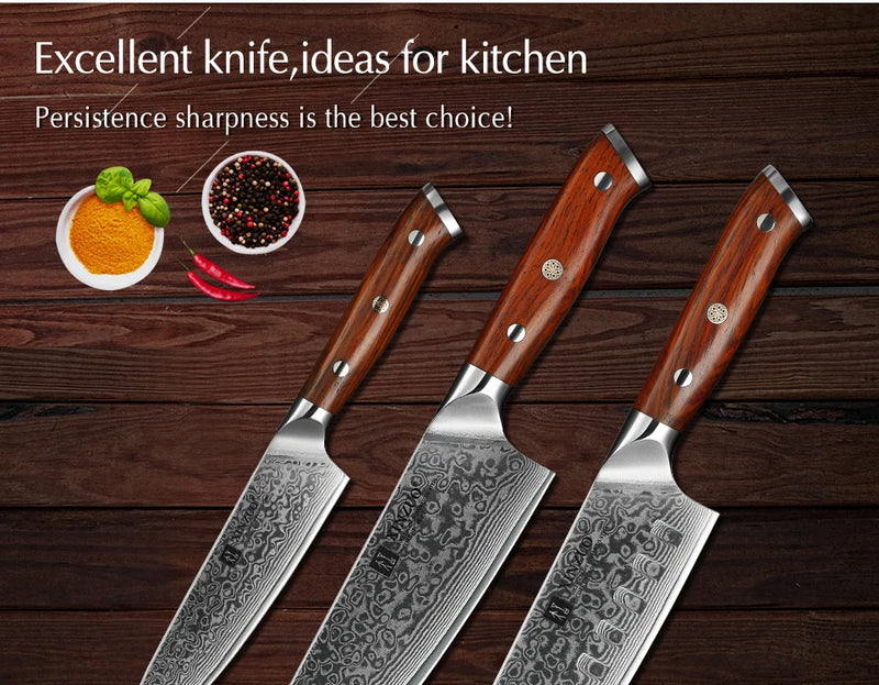 XINZUO 1PCS or 3PCS Kitchen Knife Sets Japanese Forged Damascus Steel Chef Santoku Knives Stainless Steel Rosewood Handle