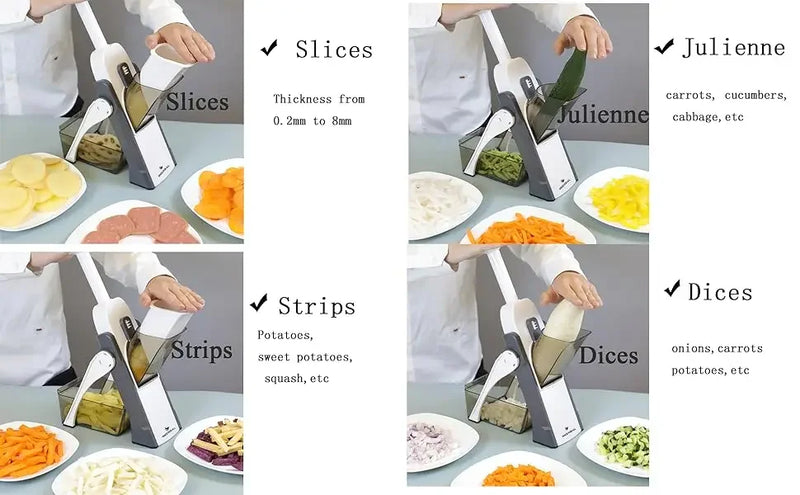 5 in 1 Vegetable Chopper Food Potato Cutter, Strips Julienne Dicer Adjustable Thickness 0.1-8 mm Kitchen Chopping Kitchen Tools