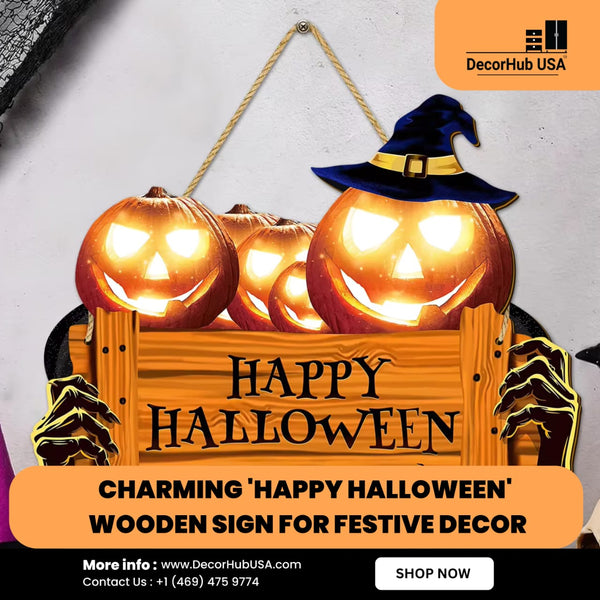 Happy Halloween Wooden Sign, Pumpkin With Hat Wooden Sign, Suitable For Home, Wall, Room,Cafe, Shop, Party, Holiday Decoration